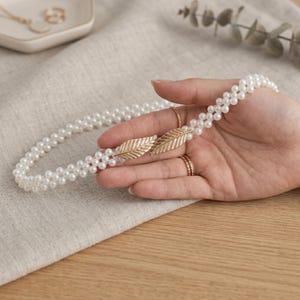 Pearl Waist Belt, Gold Leaf Buckle, Elastic Dress Accessory for Women
