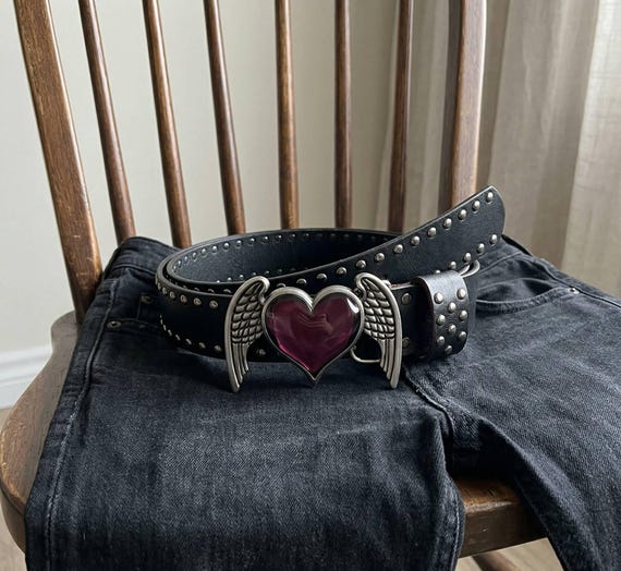 Black Gothic Leather Belt with Pink Heart Accent