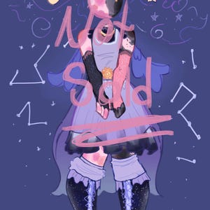 May include: A digital illustration of a character with a split-colored head, wearing a light purple dress with a dark ruffled hem, black and pink arm sleeves, and dark boots with white laces. The text Not Sold is overlaid in pink across the center.