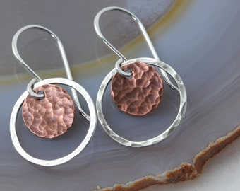 small hammered sterling silver hoop, copper disc earrings / geometric earrings / minimalist earrings / Toronto / Ontario / Canadian artisan