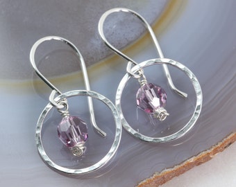 alexandrite lavender crystal birthstone earrings / June birthstone / hammered earring / sterling silver hoop / Ontario / Canadian artisan