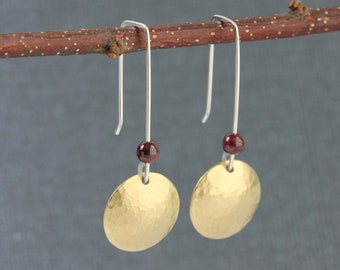 hammered brass garnet and silver earrings / disc earrings / threader earrings/ minimalist earrings / Toronto/ Canadian artisan