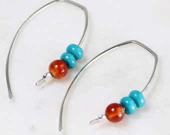 silver / turquoise, carnelian earrings modern threader/orange gemstone earrings /minimalist earrings /Toronto Canadian artisan