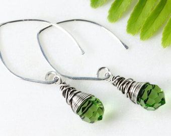 green peridot crystal silver earrings / spring green crystal sterling silver wire wrapped drop earrings / Toronto / Ontario Canadian artisan