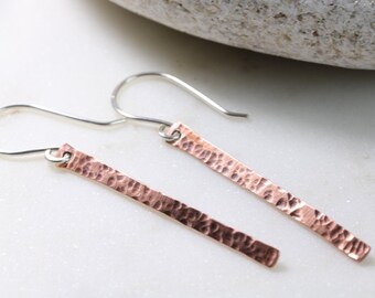 copper hammered bar earrings / minimalist copper stick earrings / simple silver and copper earrings / Canadian artisan