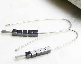 charcoal hematite stones / hammered silver long threader earrings / sterling silver earrings / oval hoops/geometric hoops / Canadian artisan