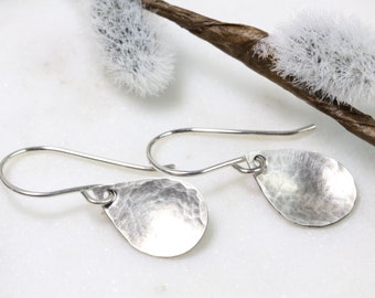 small silver teardrops hammered earrings / threader/ rustic, boho / sterling silver earrings / geometric earrings /Toronto/ Canadian artisan