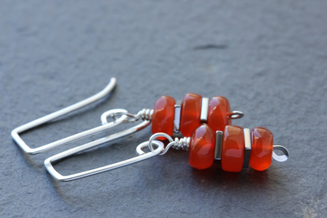 Orange Stone Earrings / Carnelian, Hematite Gemstone Earrings / Burnt