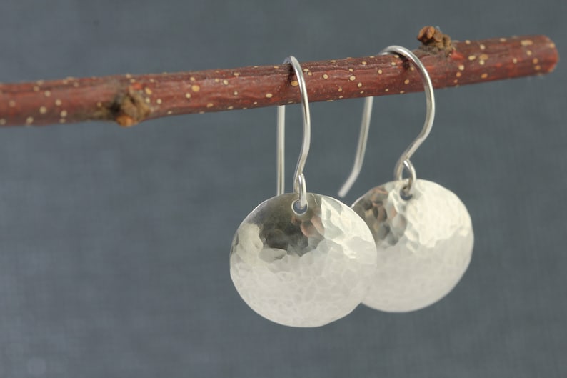 silver moon hammered earrings / handmade disc earrings / boho / argentium silver earrings / Toronto / Canadian artisan image 5