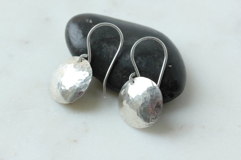 silver moon hammered earrings / handmade disc earrings / boho / argentium silver earrings / Toronto / Canadian artisan image 1