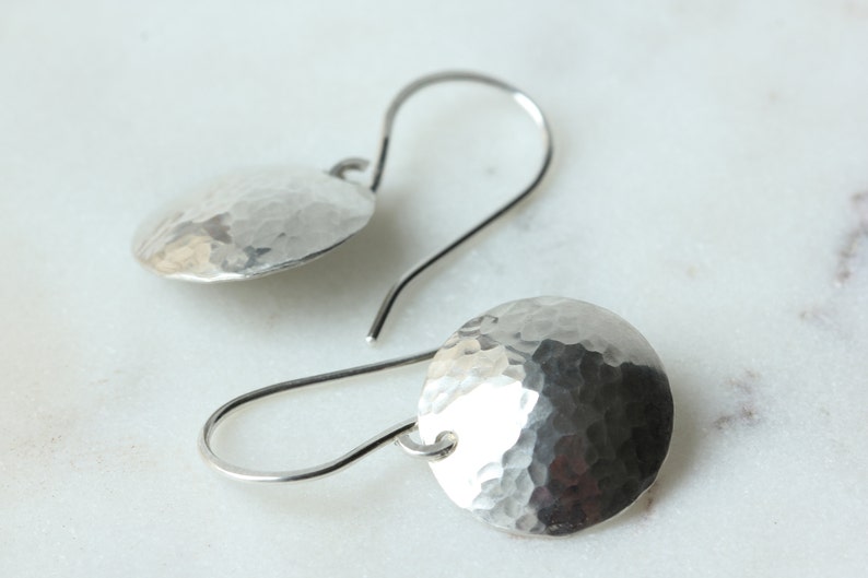 silver moon hammered earrings / handmade disc earrings / boho / argentium silver earrings / Toronto / Canadian artisan image 4