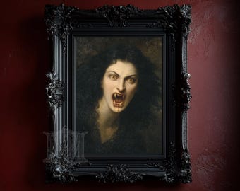 Gothic Vampire Portrait Print, Dark Victorian Antique Horror Wall Décor, Framed Horror Art