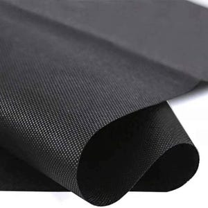 Puede incluir: Primer plano de una lámina de tejido no tejido negro. El tejido tiene un aspecto texturizado y tejido. La lámina está doblada, creando sombras y resaltando la textura del material. La impresión general es de un textil oscuro y duradero.