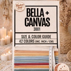 Bella Canvas 3001 Size Chart Bundle, 42 Color Guide for OPT OnDemand, BC3001 Sizing Table, Sand Mockup Model, Boho Neutral, Metric Imperial
