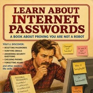 Op de afbeelding: Een boekomslag met de titel LEARN ABOUT INTERNET PASSWORDS A BOOK ABOUT PROVING YOU ARE NOT A ROBOT. Het toont een illustratie van een persoon met een snor die naar een computerscherm kijkt met plakbriefjes en een lijst met wachtwoorden.