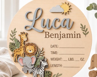 Personalized Safari Animals Birth Announcement Sign, Wooden Baby Name Plaque, Newborn Hospital Photo Prop, Jungle Nursery Decor, Baby Shower