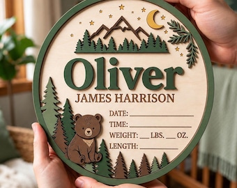 Personalized Baby Name Sign, Wooden Birth Stats Plaque, Woodland Newborn Announcement, Nursery Decor, Baby Shower Gift