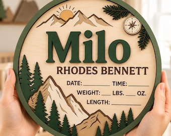 Personalized Baby Name Sign, Mountain Birth Announcement, Woodland Nursery Decor, Custom Birth Stats Sign, Baby Boy Gift, Adventure Nursery