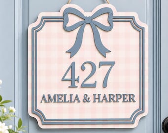 Personalized Girls Room Sign, Pink Gingham Bow Door Hanger, Custom Kids Bedroom Door Sign, Nursery Name Sign, Shared Room Decor