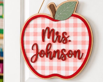 Personalized Apple Gingham Teacher  Door Sign, Custom Teacher Name Plaque, Welcome To Our Classroom Sign, Back to School Gift, Teacher Gifts