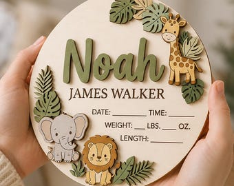 Personalized Baby Name Sign, Safari Birth Stats Sign, Wood Newborn Announcement, Jungle Nursery Decor, Baby Shower Gift, Newborn Photo Prop