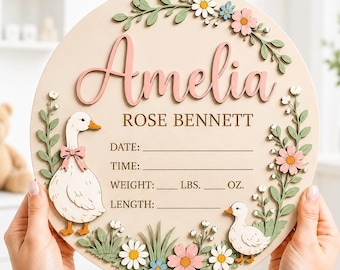 Personalized Goose Baby Birth Stats Sign, Floral Baby Name Plaque, Newborn Announcement, Baby Girl Nursery Decor, Baby Shower Gift