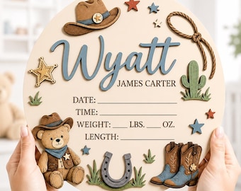 Personalized Cowboy Baby Birth Stats Sign, Western Baby Announcement, Baby Boy Name Sign, Newborn Photo Prop, Rustic Nursery Decor