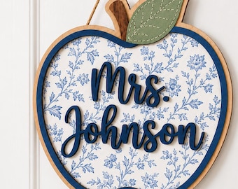 Personalized Apple Chinoiserie Teacher  Door Sign, Custom Teacher Name Plaque, Welcome To Our Classroom Sign, Back to School Teacher Gifts