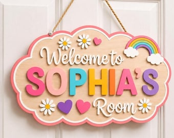 Personalized Nursery Name Sign, Baby Girl Room Decor, Custom Kids Room Sign, Wooden Bedroom Door Sign, Rainbow Nursery Wall Decor, Baby Gift