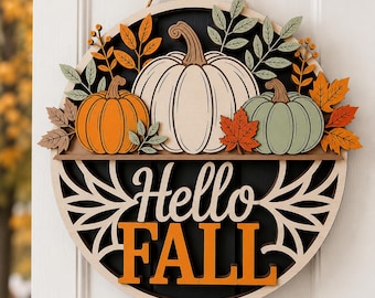Fall Wooden Door Sign, Hello Fall Pumpkin Door Hanger, Layered Wood Front Door Decor, Rustic Autumn Porch Welcome Sign, Thanksgiving Gift