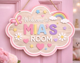 Personalized Nursery Girl Door Hanger, Custom Cloud Wooden Door Sign, Baby Girl Room Decor, Floral Rainbow Kids Wall Art, Baby Shower Gift
