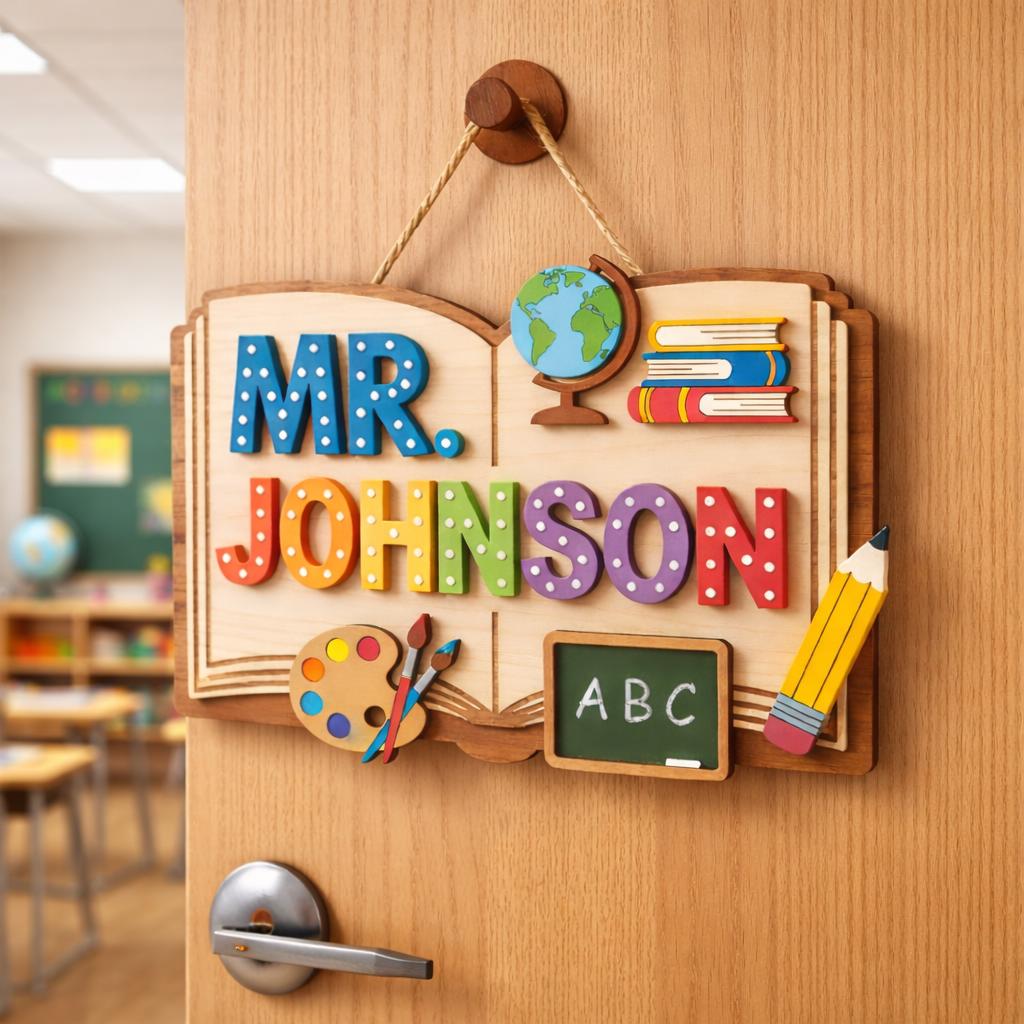 Personalized Teacher 3D Wooden Door Sign, Classroom Welcome Sign ...