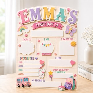 May include: A light-colored wooden sign with the text EMMA'S FIRST DAY OF, featuring colorful cutouts of a rainbow, butterfly, school bus, and backpack. The board includes blank sections for writing details like favorites, age, and teacher's name.
