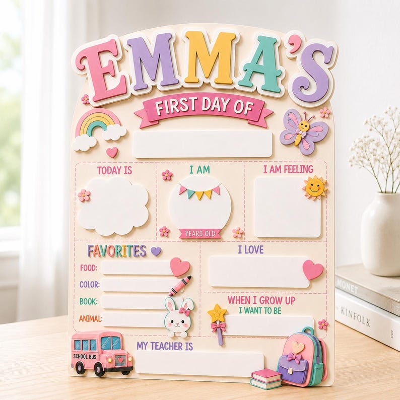 May include: A light-colored wooden sign with the text EMMA'S FIRST DAY OF, featuring colorful cutouts of a rainbow, butterfly, school bus, and backpack. The board includes blank sections for writing details like favorites, age, and teacher's name.