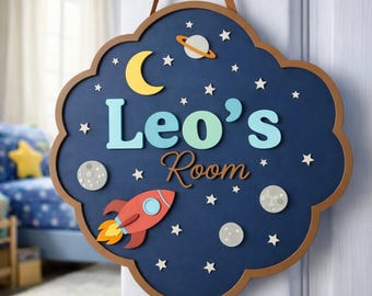 Personalized Space Nursery Door Sign, Outer Space Baby Name Sign, Rocket Moon Stars Wooden Room Sign,Custom Kids Room Decor,Baby Shower Gift