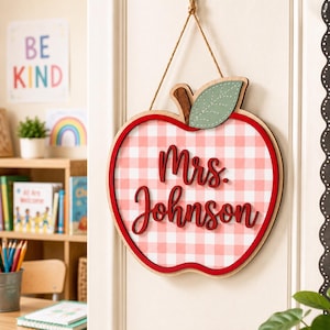 Personalized Apple Gingham Teacher Door Sign, Custom Teacher Name Plaque, Welcome To Our Classroom Sign, Back to School Gift, Teacher Gifts image 4