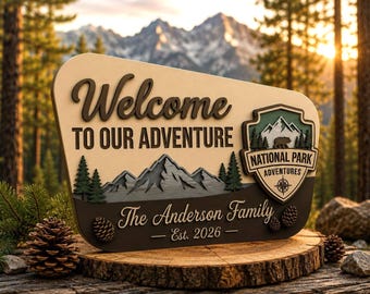 Personalized National Park Sign, Custom Family Adventure Plaque, Camping Cabin Welcome Decor, Mountain Forest Door Hanger Gift