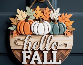 Hello Fall Door Hanger, Pumpkin Fall Sign, Wooden Autumn Front Door Decor, 3D Fall Wreath, Farmhouse Porch Decor, Harvest Wall Sign