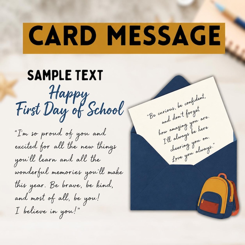 May include: A dark blue envelope containing a cream-colored card with black text that reads: Be curious, be confident, and don't forget how amazing you are. I'll always be here cheering you on. Love you always. A small backpack illustration is included.