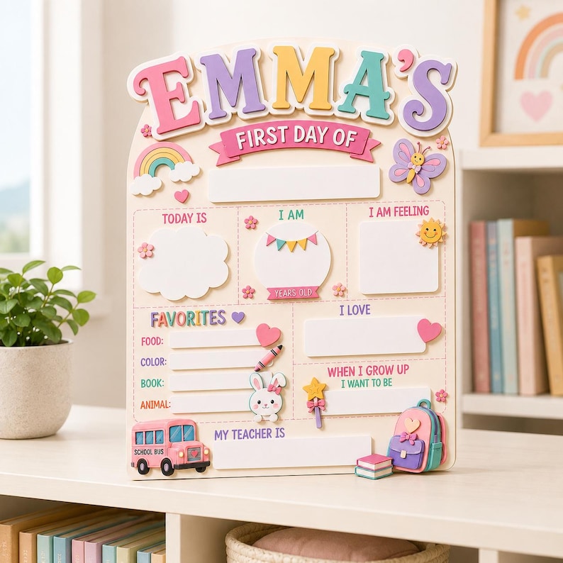 May include: A wooden first day of school sign with the name EMMA'S at the top. The board features colorful pastel graphics including a rainbow, butterfly, sun, bunny, school bus, and backpack. It has blank spaces for writing details like age, favorites, and teacher name.
