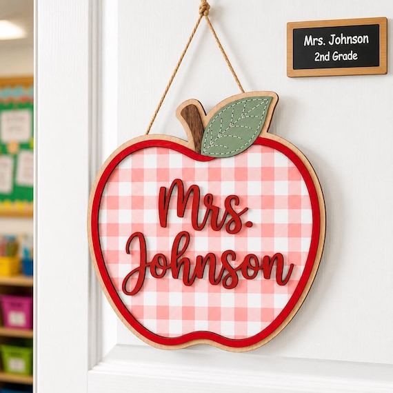 Personalized Apple Gingham Teacher  Door Sign, Custom Teacher Name Plaque, Welcome To Our Classroom Sign, Back to School Gift, Teacher Gifts