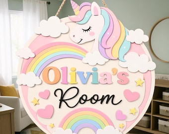 Personalized Unicorn Wooden Name Door Sign, Custom Girl Room Door Hanger, Rainbow Wooden Nursery Wall Decor, Birthday Gifts