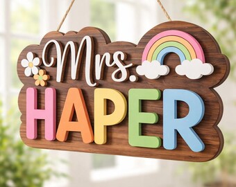 Personalized Floral Rainbow Teacher 3D Door Sign, Classroom Welcome Sign, Teacher Door Hanger, Back to School Gift,Teacher Appreciation Gift