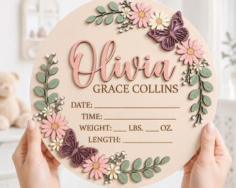 Personalized Floral Baby Announcement Sign, Custom Wooden Birth Stats Plaque, Butterfly Baby Girl Nursery Name Sign, Newborn Gift