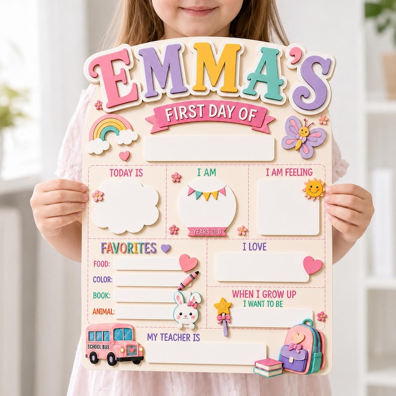 May include: A light-colored wooden sign titled EMMA'S FIRST DAY OF with colorful 3D accents including a rainbow, butterfly, school bus, and backpack. The board features blank spaces for writing details like age, favorites, and teacher's name.