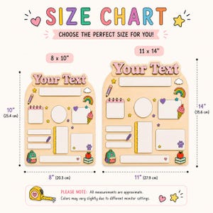 May include: A size chart graphic displaying two wooden boards with the text Your Text, featuring colorful icons like rainbows, pencils, and backpacks. The boards are labeled with dimensions of 8 by 10 inches and 11 by 14 inches, with a measuring tape icon.