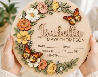 Personalized Baby Birth Announcement Sign, Custom Baby Name Wood Plaque, Floral Butterfly Birth Stats Sign, Newborn Nursery Keepsake