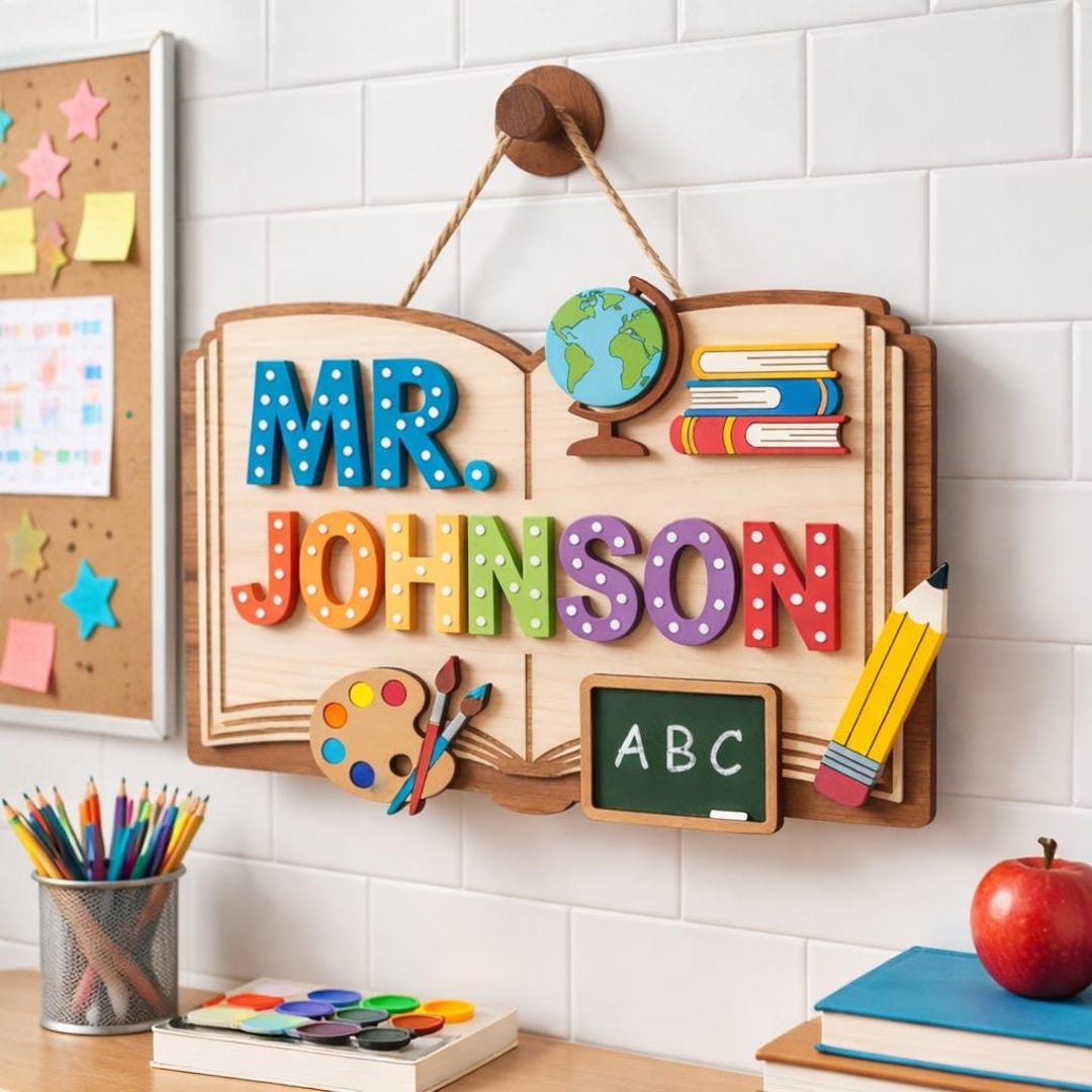 Personalized Teacher 3D Wooden Door Sign, Classroom Welcome Sign ...