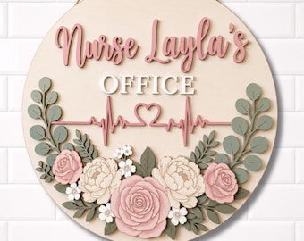 Personalized Floral Nurse Office Door Hanger, Custom Medical Clinic Decor, 3D Wood Floral Nurse Name Sign, School Nurse Gift, Office Sign
