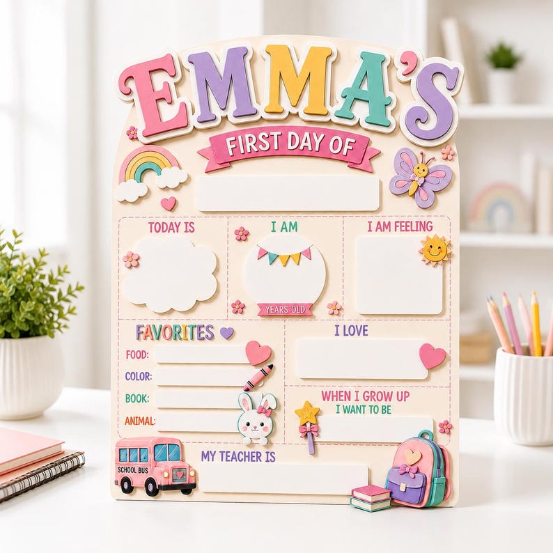 May include: A wooden first day of school sign featuring the name EMMA'S in colorful letters. The board includes sections for Today Is, I Am, I Am Feeling, Favorites, I Love, When I Grow Up I Want To Be, and My Teacher Is, decorated with a rainbow, butterfly, school bus, and backpack.
